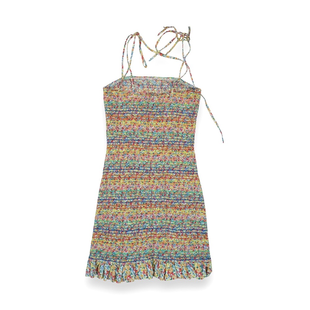 Storia Multicolored Sleeveless Tie Strap Smocked Ruffle Hem Mini Dress Medium